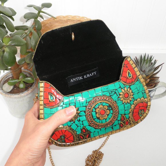Antik Kraft Boho Amoli Brass & Mosaic Crossbody Clutch Turquoise Anthropologie - Picture 7 of 14